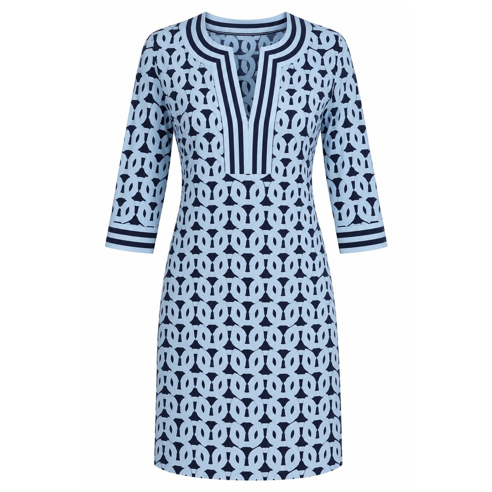 Gretchen Scott Split Neck Jersey Dress Navy Blue Geometric Link Print Stretch M
